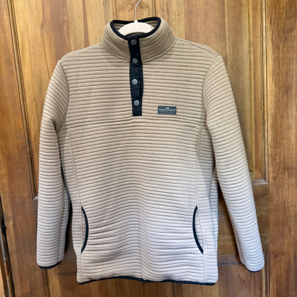 Simply Southern Women Tan Ribbed Snap Pullover Quilted Mock Neck Sweatshirt S